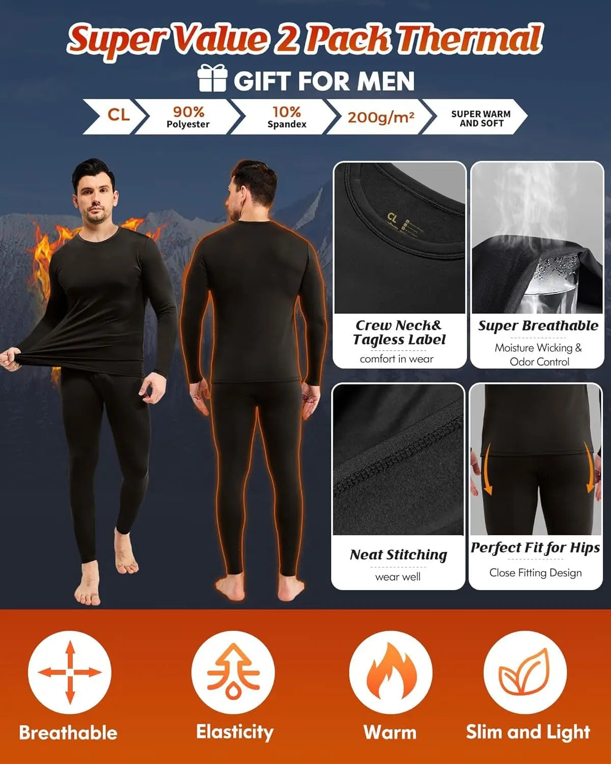2 Pack Thermal Underwear for Men Long Johns Fleece Lined Base Layer Set Winter Bottom Top 2XS - 6XL - SeeSeeSee