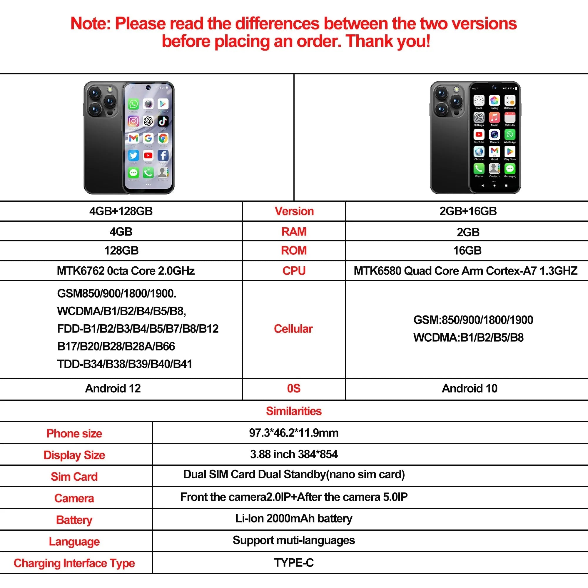 2025 NEW mini Android Smartphone 3.88" HD Display,4G LTE/3G WCDMA,4GB+128GB/2GB+16GB,2000mAh Battery Small Mobile Phone Unlocked - SeeSeeSee