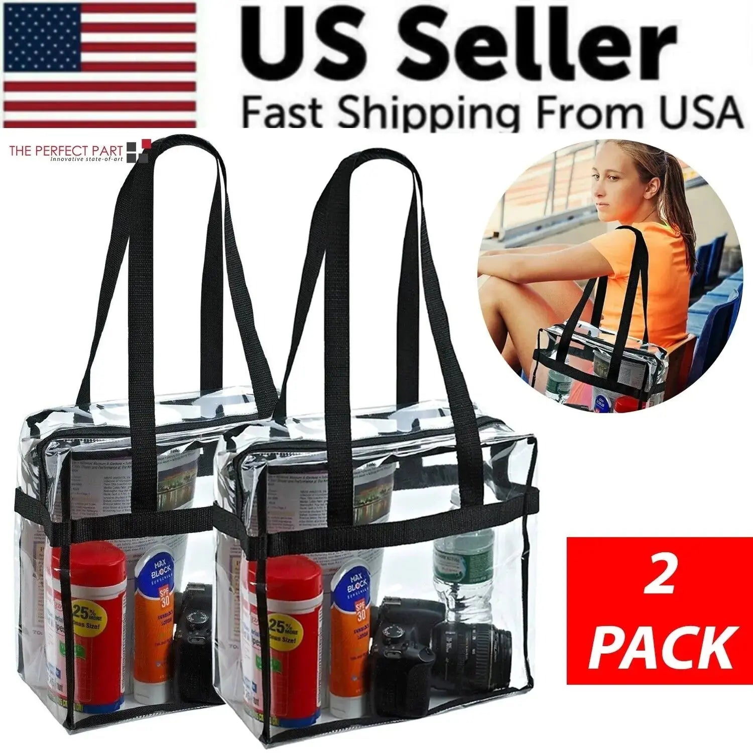 2x Clear PVC Tote Bag Women Large Transparent Handbag Zip Purse Stadium Security See