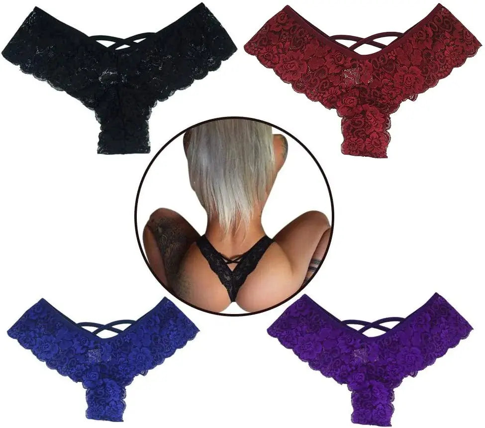 4 Pack Women Sexy Lace Underwear Lingerie Panties G - String Brief Thong Plus Size - SeeSeeSee