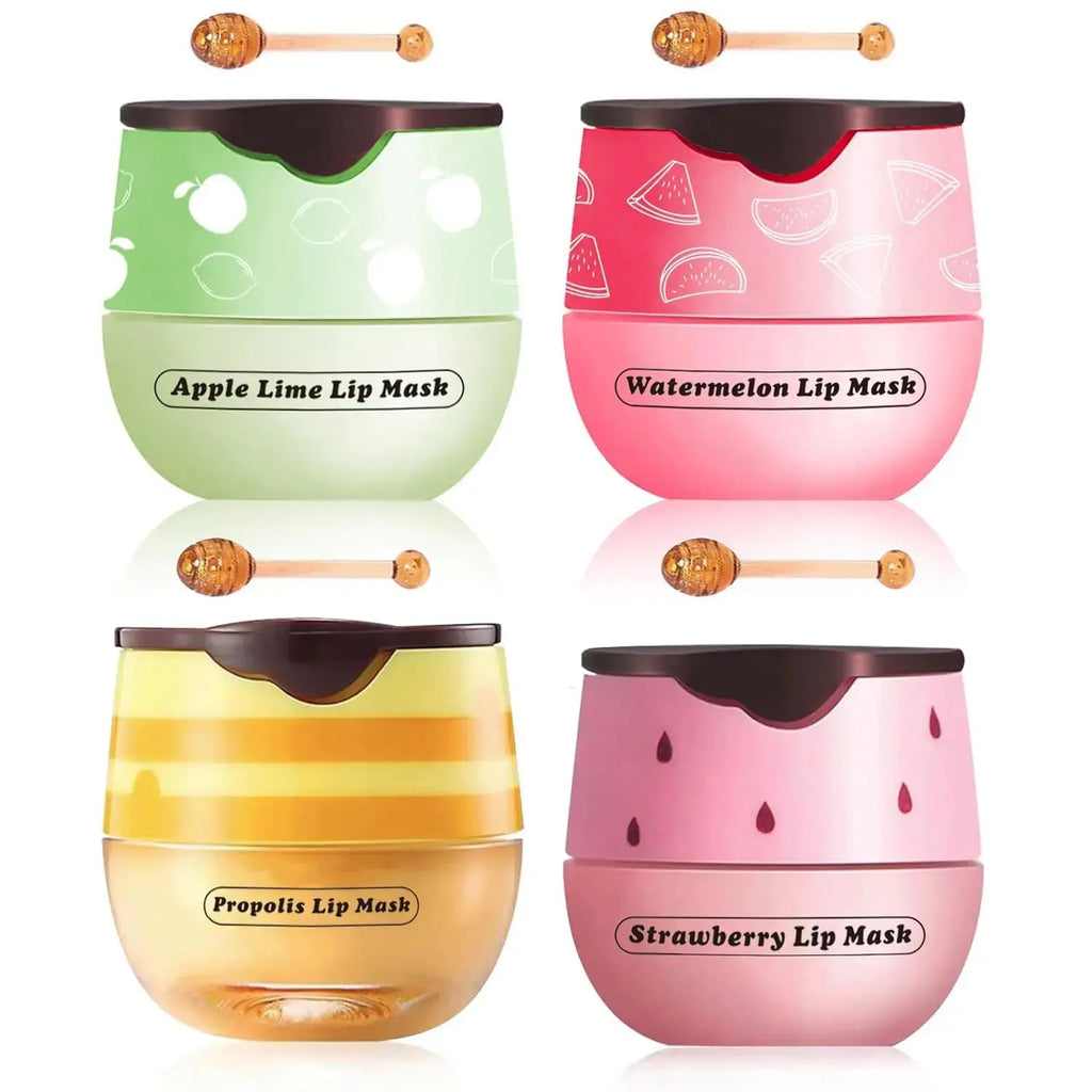 4 Packs Fruit Mask Lip Balm Honey Pot Vitamin E Lip Masks & Moisturizing Propolis Sleeping Lip Mask Effective Reduces Lip Lines Prevention Dry Lip Care - SeeSeeSee