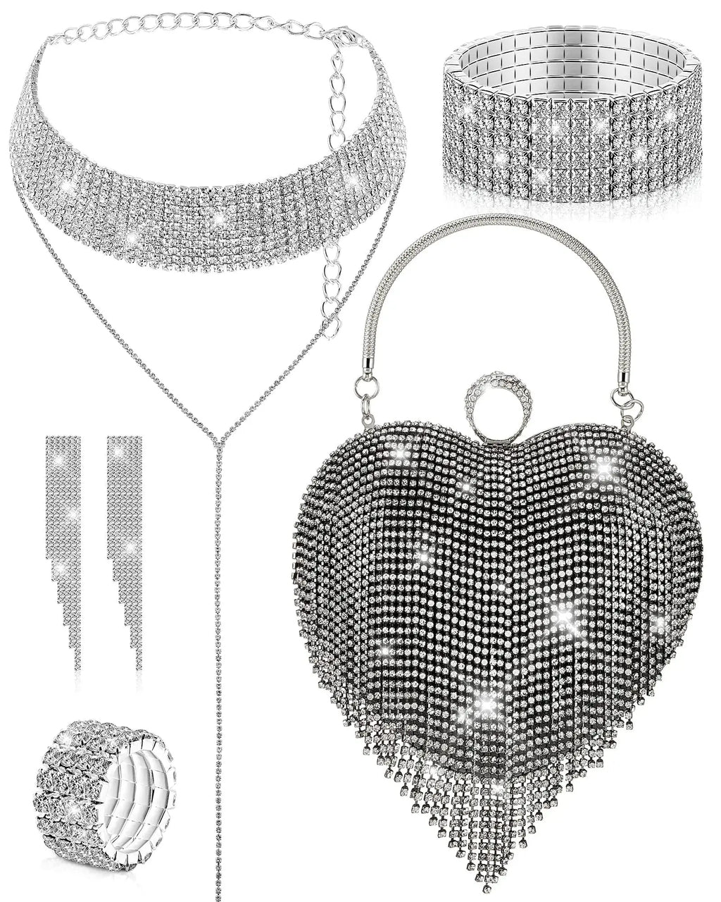 5 Pcs Heart Purse Rhinestone Tassel Evening Clutch Bag Valentines Day Jewelry Set for Women Wedding Dinner (Black) - SeeSeeSee