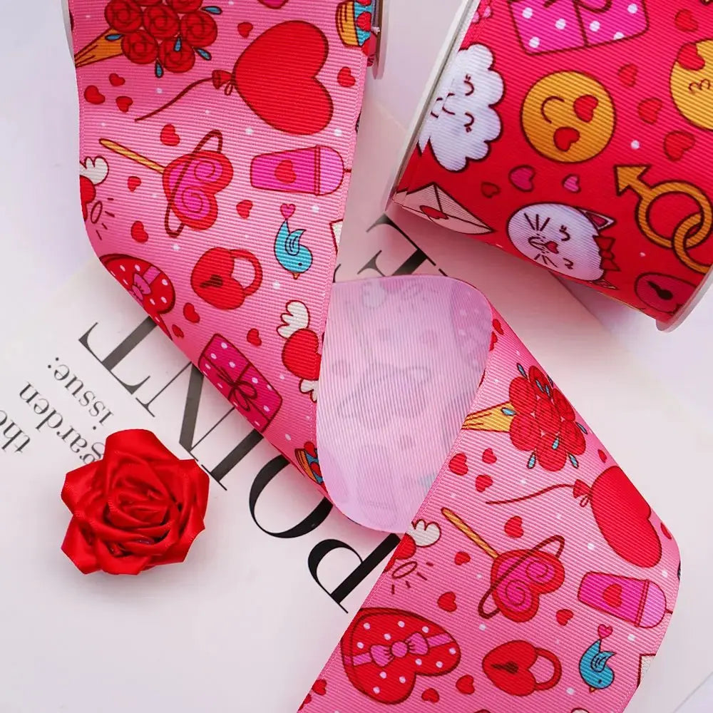 5 Yards 3inch 75mm of Valentine's Day flowers Printed Ribbon For Hair Bows DIY Crafts Handmade Accessories 75016 - SeeSeeSee