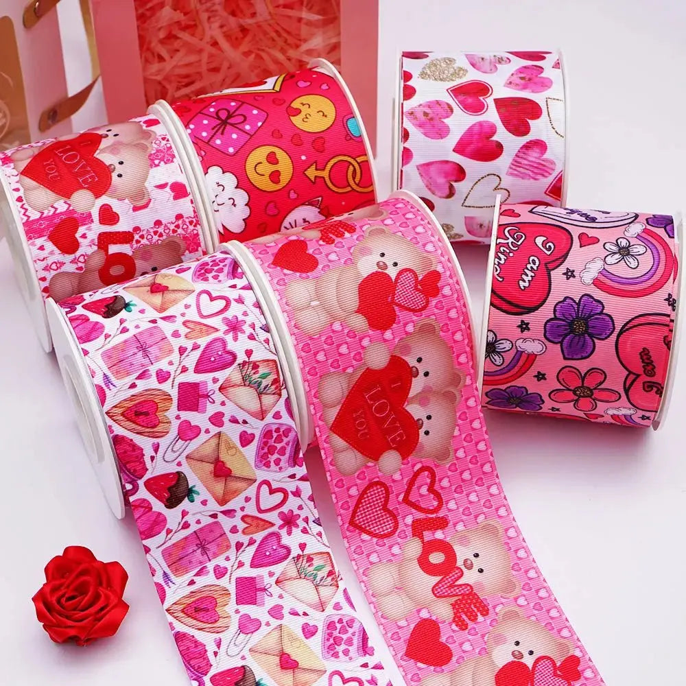 5 Yards 3inch 75mm of Valentine's Day flowers Printed Ribbon For Hair Bows DIY Crafts Handmade Accessories 75016 - SeeSeeSee