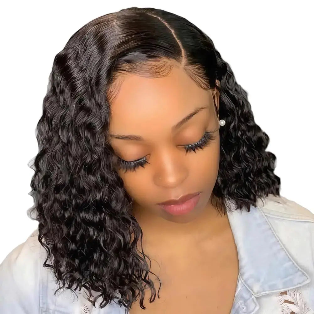 14 Inch Bob Wig Human Hair Glueless Wigs Human Hair Pre Plucked Pre Cut Closure Wigs Human Hair Wear and Go Glueless Wig Left Side Part Black Curly Wig Brazilian Human Hair Wigs for Black Women