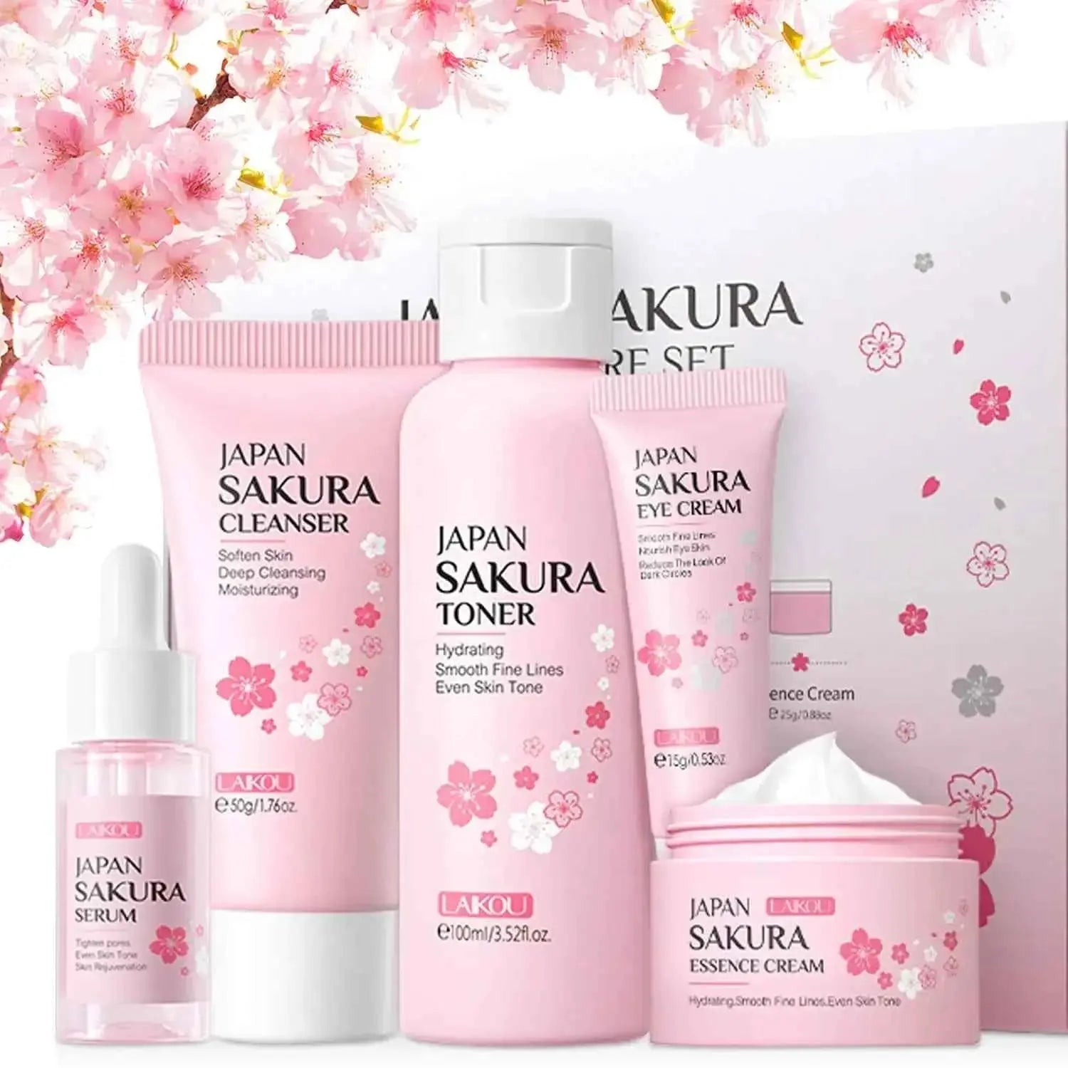 5Pcs Skin Care Set Sakura Women Beauty Gift Sets Korean Skin Care Kit with Cleanser Face Serum Face CreamTonerEye Cream Mud Mask - Skin Care Routine Kit for Women (Sakura)
