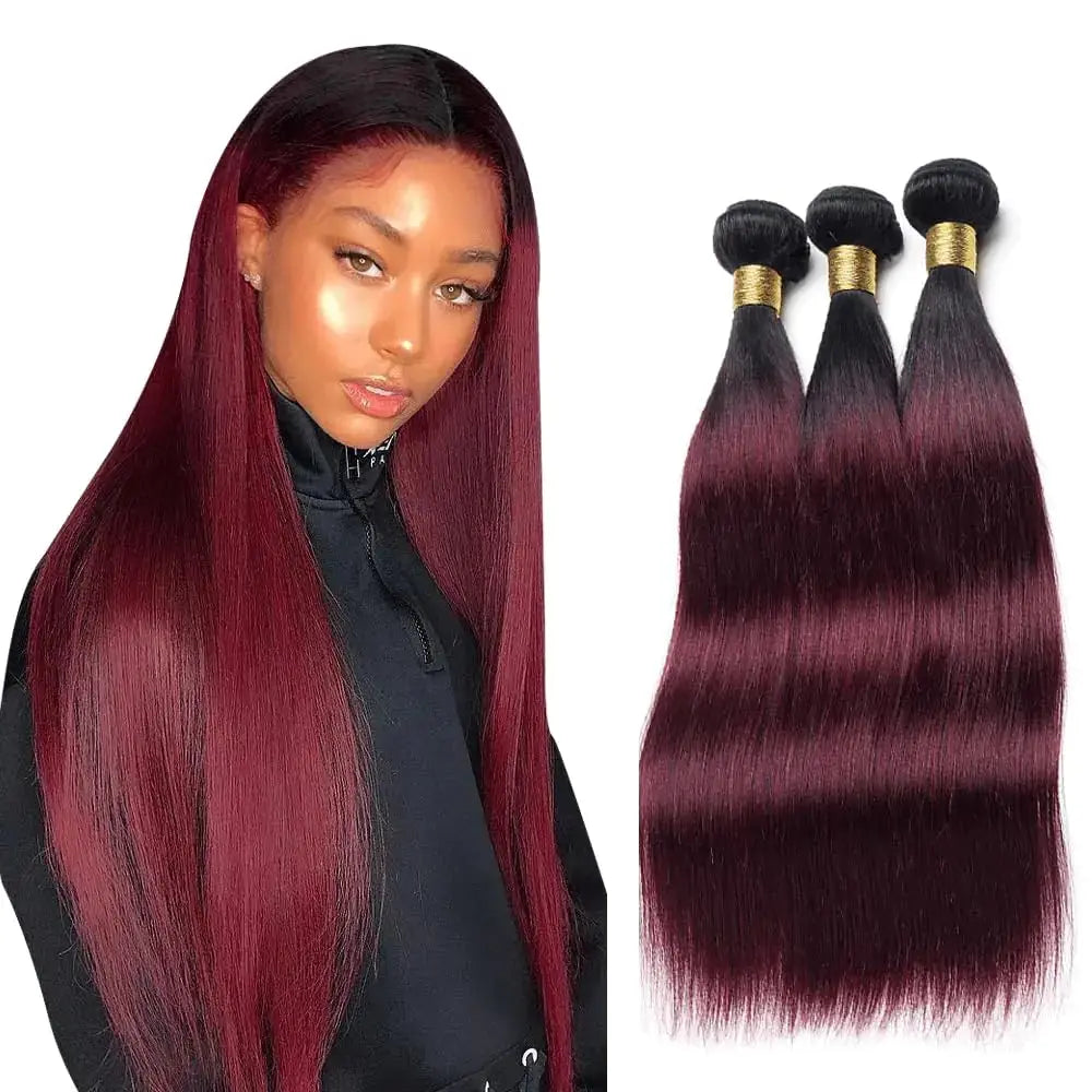 24 26 28 Inch Ombre Bundles Burgundy Straight Human Hair Bundles 8A Grade Brazilian 1B99J Straight Bundles Human Hair Two Tone Black And Wine Red Bundles Human Hair Extensions