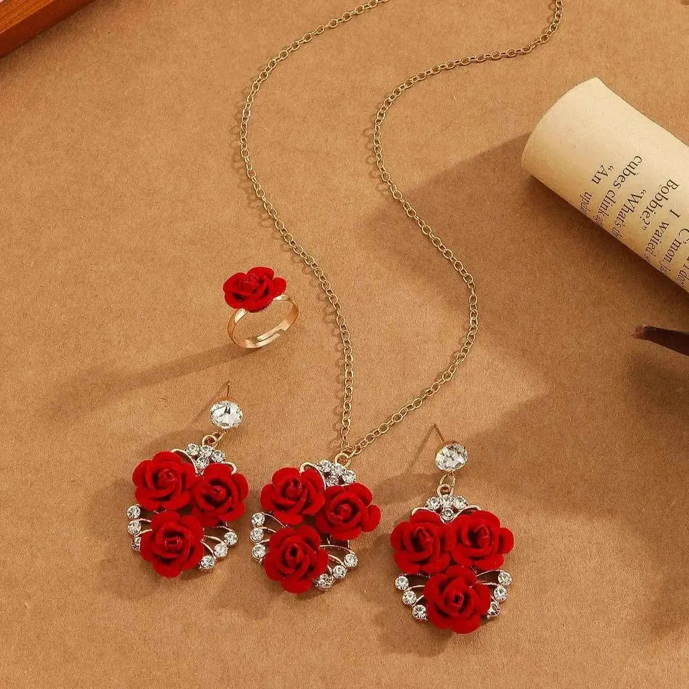 4pcs/Set Romantic Lovely Red Rose Flower Inlaid Rhinestone Pendant Necklaces+Dangle Earrings+Ring，For Women Valentine'S Day Gift