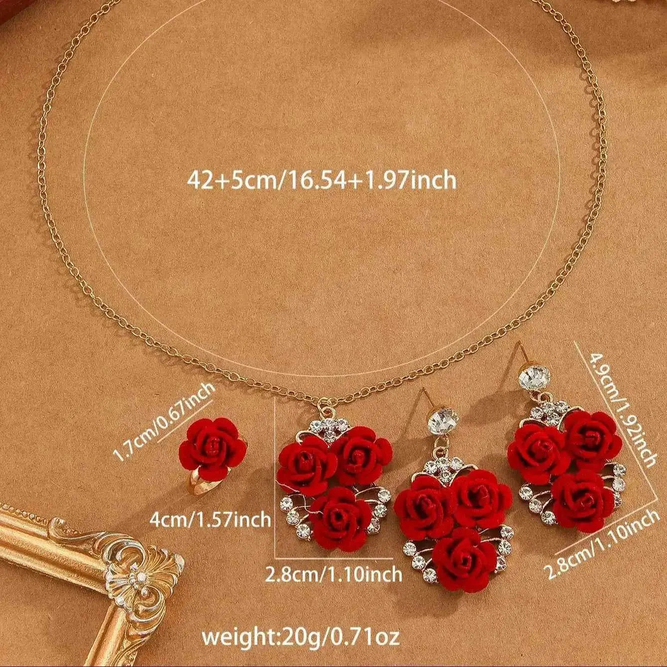 4pcs/Set Romantic Lovely Red Rose Flower Inlaid Rhinestone Pendant Necklaces+Dangle Earrings+Ring，For Women Valentine'S Day Gift